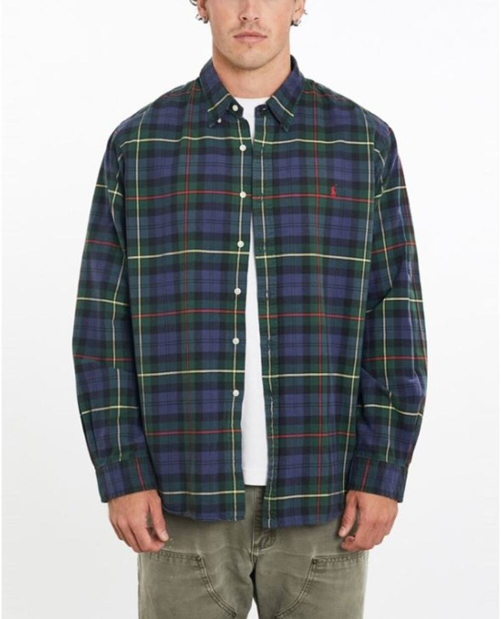 Polo Ralph Lauren Vintage Plaid Checked Tartan Cotton Button Shirt M Green